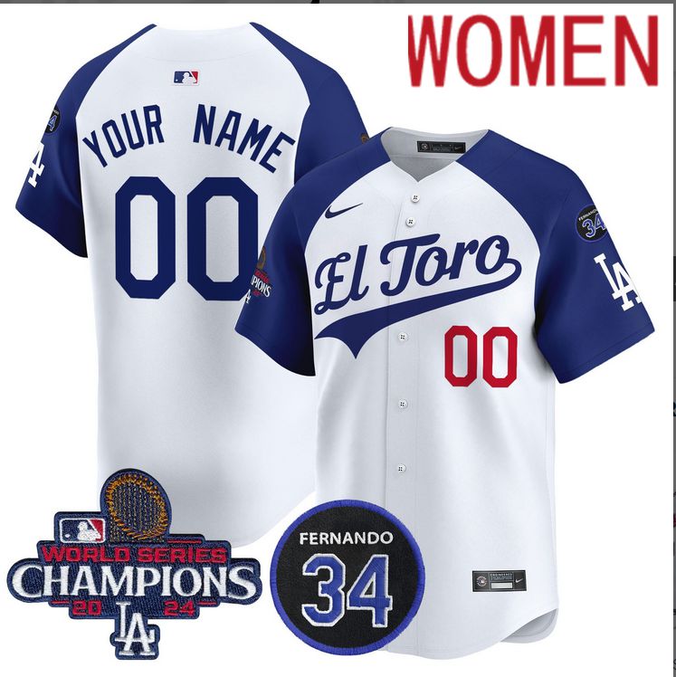 Women MLB Los Angeles Dodgers Custom white 2024 World Series Champions Patch Cooperstown Jersey style 2